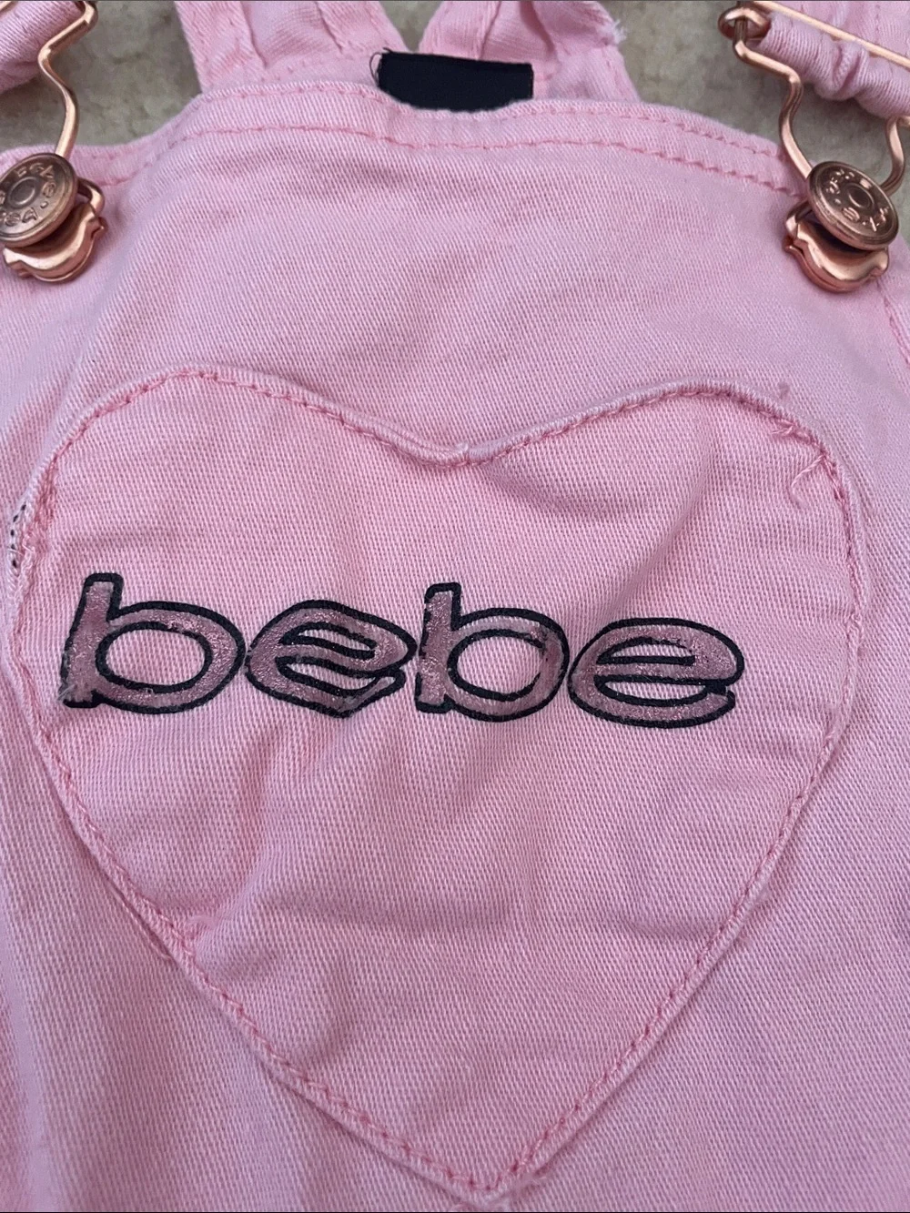 bebe Light Pink Girls' Denim Short Overalls with Heart Logo and Hello Kitty tee